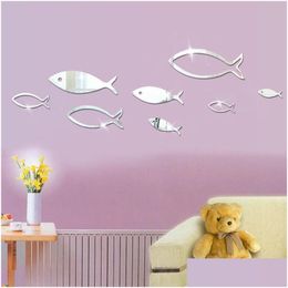 Pegatinas de pared 8 piezas Camada de pescado Acrílico Espejo Dormitorio Sala de estar Decoración Accesorios de decoración del hogar Entrega de gota Jardín Dhj9L