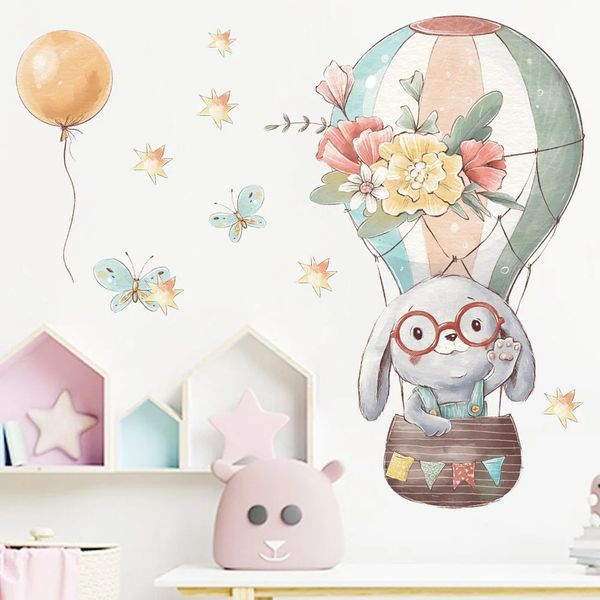 Pegatinas de pared, globo de aire, conejito, animales de dibujos animados para decoración de habitación de bebé, calcomanías de PVC extraíbles, murales artísticos para el hogar 230819