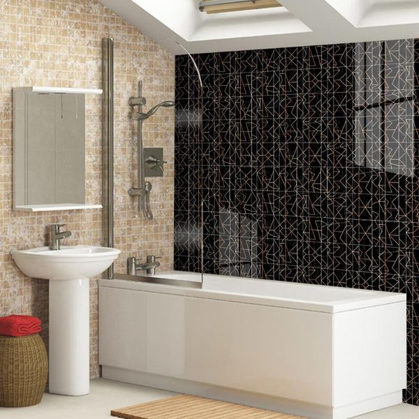 Pegatinas de pared Línea dorada artística Azulejo negro Escalera Papel tapiz autoadhesivo sin adhesivo Baño a prueba de humedad