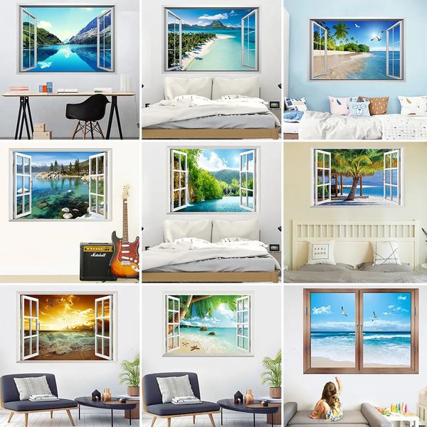 Autocollants muraux de plage, ballon de mouette, fausse fenêtre 3D, autocollant mural de paysage, peinture décorative pour chambre à coucher et salon, 231010