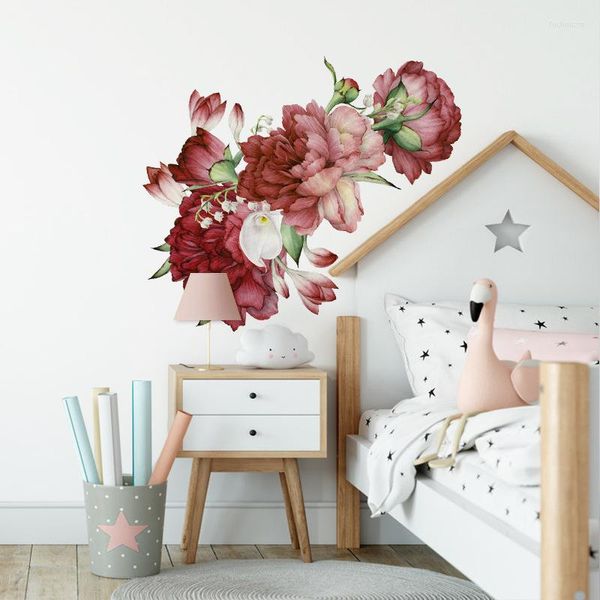 Stickers muraux belles fleurs de pivoine rouge décoration de chambre bébé enfants salon chambre maison décalcomanie affiche