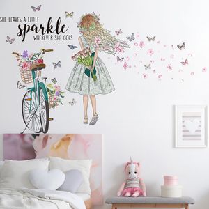 Stickers muraux Vélo fleur fille dessin animé créatif autocollant mural amovible vinyle PVC décoration de la maison pour salon et chambre 230410