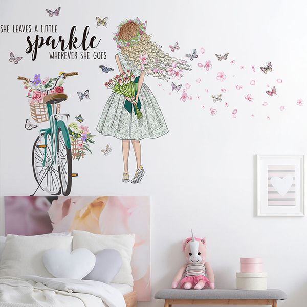 Pegatinas de pared Bicicleta Flor Niña Dibujos animados Creativo Etiqueta de la pared Vinilo extraíble PVC Decoración del hogar para sala de estar y dormitorio 230410