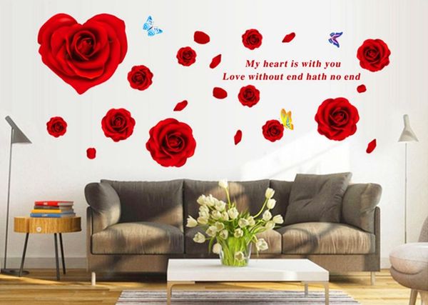 Pegatinas de pared grandes flores rosas rojas 3d decoración del hogar pegatina flor fondo extraíble 60*90CM