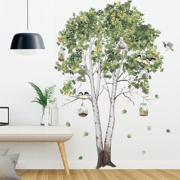 Autocollants muraux grand arbre bouleau feuilles vertes, sparadrap salon chambre oiseaux décor de maison, affiche murale décoration en PVC 230822