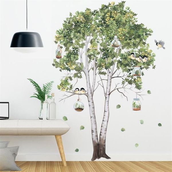 Pegatinas de pared de árbol grande, abedul, hojas verdes, calcomanías para sala de estar, dormitorio, pájaros, decoración del hogar, póster, papel tapiz, decoración de PVC 232I