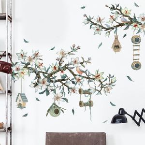 Pegatinas de pared con diseño de pájaro en rama, flores, decoraciones para dormitorio, sala de estar, sofá, TV, calcomanías de fondo autoadhesivas