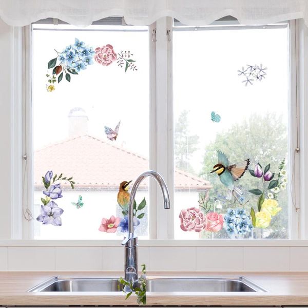 Stickers muraux Oiseaux Fleurs Fenêtre Verre Chambre Salon Décoration Murale Décor À La Maison Stickers Amovible Papier Peint