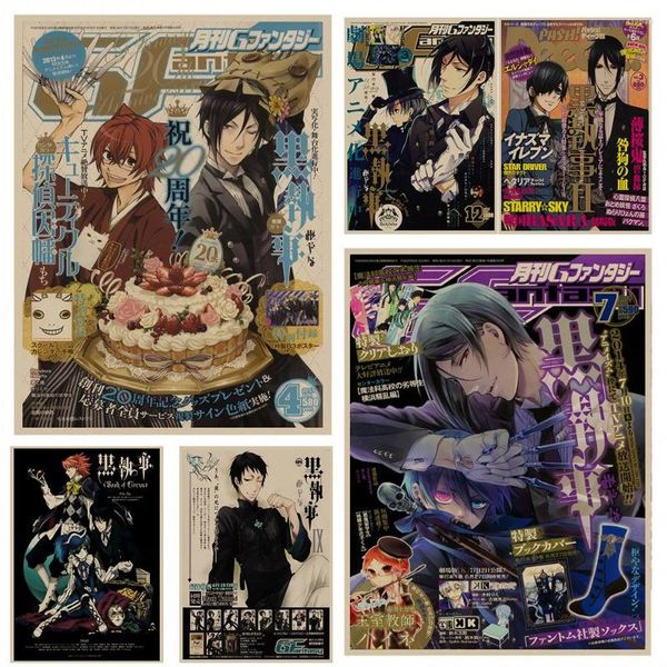 Pegatinas de pared Black Butler Manga Cubierta del 20 aniversario Póster de papel Kraft vintage de la pegatina de anime japonés clásico para regalos de decoración del hogar