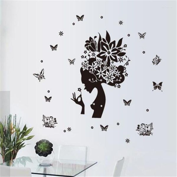 Pegatinas de pared mariposa negra chica silueta 3D pegatina sala de estar dormitorio decoración Anime póster decoración del hogar