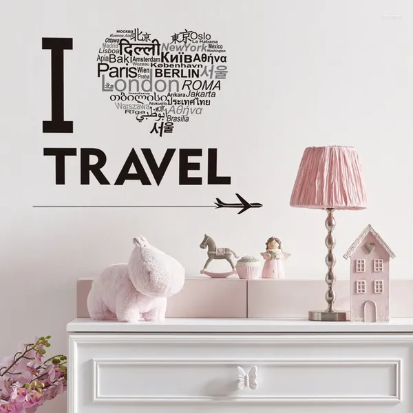 Autocollants muraux noirs I Love Travel Multi-Country Text pour chambre à coucher pour enfants décoration de décalage amovible