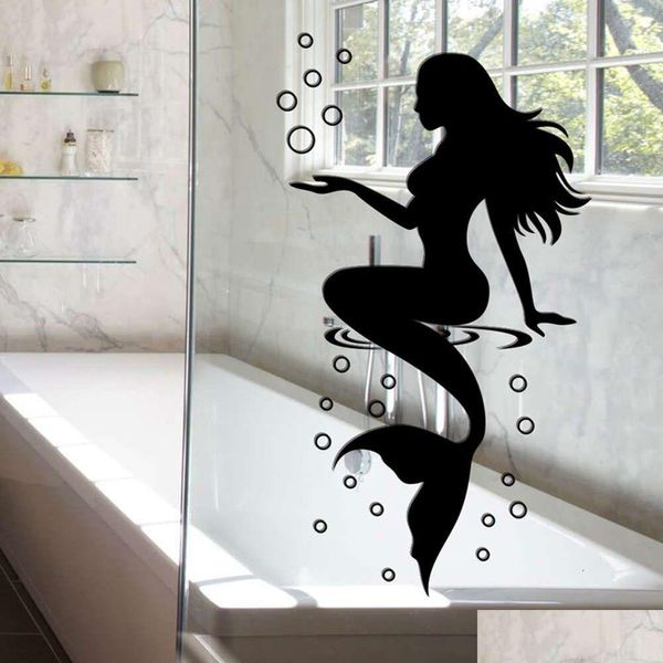 Autocollants muraux Bulles de sirène blanche noire pour salle de bain en verre de porte de toilette décorative décalcomanies avec auto-adhésif en vinyle livraison ho dhjwr