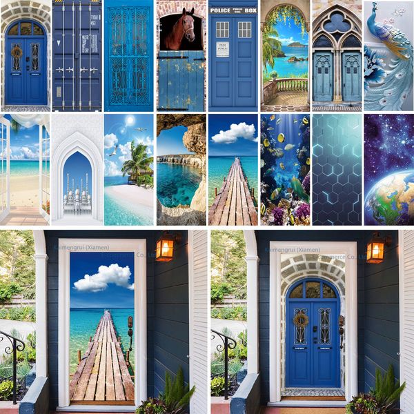 Stickers Muraux Bleu Porte Murale Auto-Adhésif 3D Relief Plage Mer Papier Peint Taille Personnalisée Maison Design Décor Nature Paysage Decal 230717