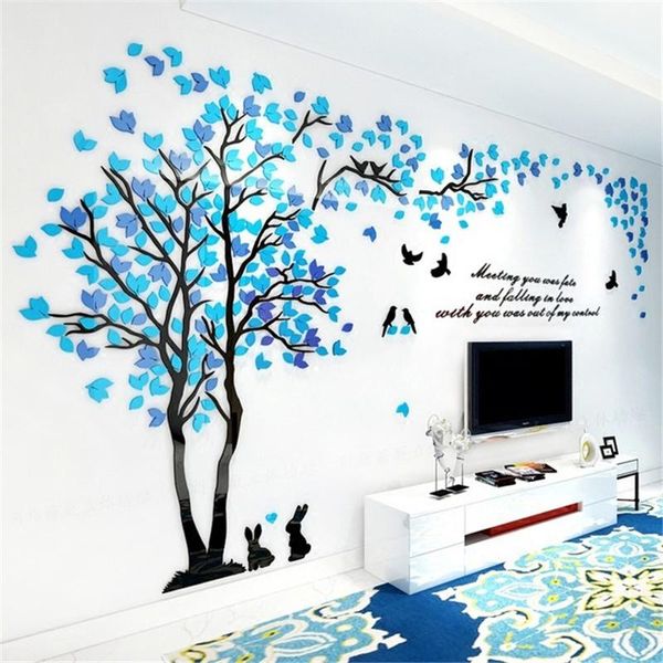 Pegatinas de pared de árbol azul, tamaño grande, sala de estar, dormitorio, fondo, papel tapiz decorativo, calcomanías con conejos encantadores