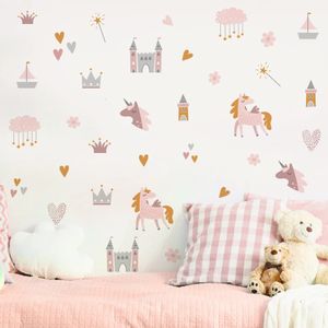 Muurstickers Boho Roze Cartoon Eenhoorns Kasteel Wolken Liefde Aquarel voor Kinderkamer Babykamer Decals Home Decor 231128