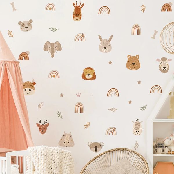 Stickers muraux Boho style bois animaux arc-en-ciel lion pour enfants chambre bébé pépinière décalcomanie vinyle mural chambre décor à la maison 231128