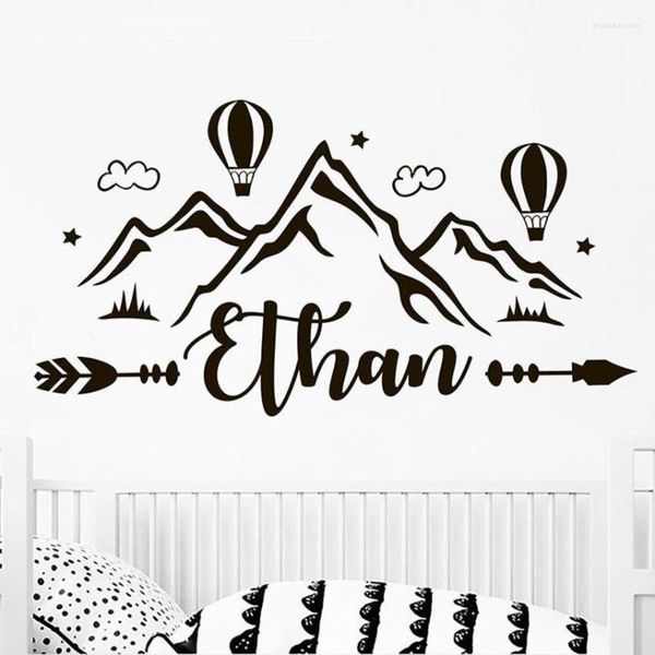 Pegatinas de pared, calcomanías con nombre para niños, pegatina personalizada, calcomanía de flecha de montañas para decoración de habitación de niños, nube y estrellas C537