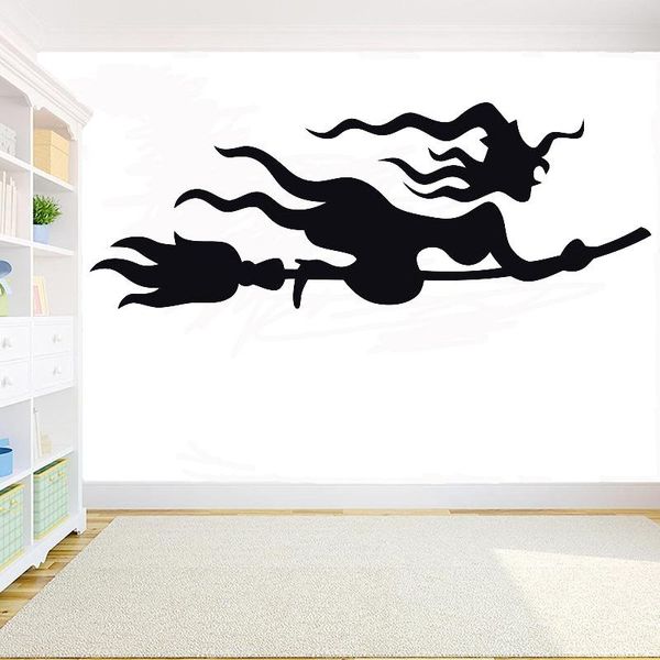 Pegatinas de pared, escoba, bruja, calcomanías de PVC, mago de Halloween, pegatina de murciélago, decoración de habitación, ventana, puerta de vidrio, G809