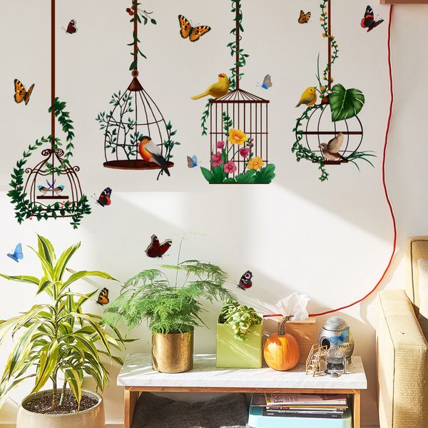 Stickers muraux Papillon Cage À Oiseaux Maison Jardin Décoration Salon Chambre Botanique Papier Peint Sticker Maison Intérieur Décor