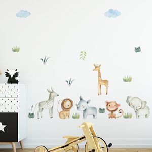 Pegatinas de pared Animales de dibujos animados Selva para habitación de niños Decoración de guardería Acuarela Safari Calcomanías de PVC Living