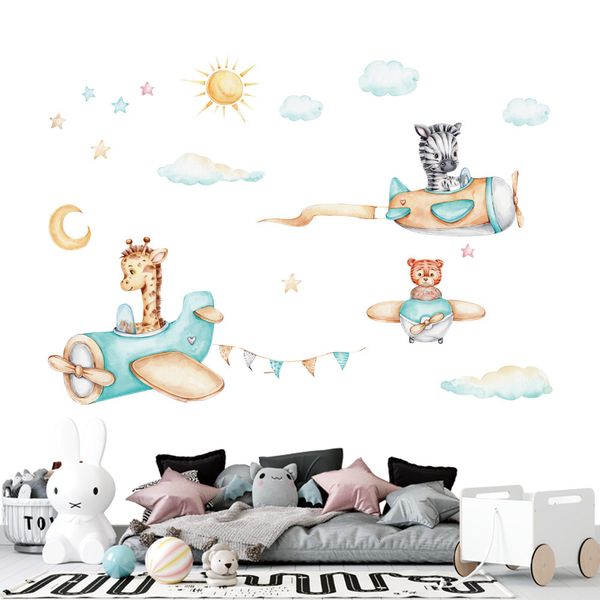 Stickers muraux Animaux de bande dessinée Pilote Avion Autocollant pour chambre d'enfants Pépinière Garçons Chambre Décor Vinyle Mignon Stickers Art Murales 230822