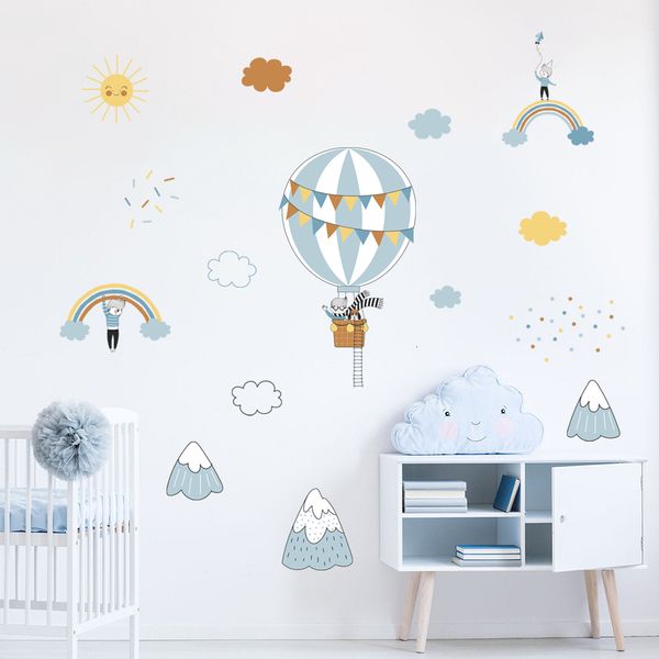 Stickers muraux dessin animé bleu ballon à air arc-en-ciel nuages pépinière amovible vinyle décalque bébé filles garçons chambre décor à la maison 230829