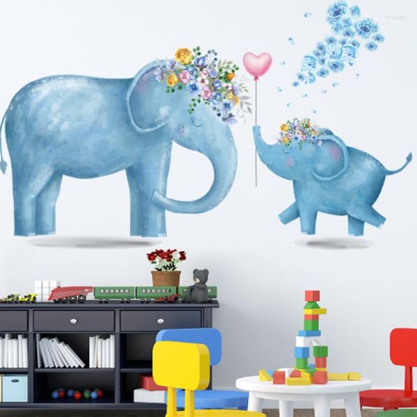 Stickers muraux dessin animé éléphants bleus style de peinture animal mignon pour salon enfants décalcomanie bébé pépinière décor cadeau