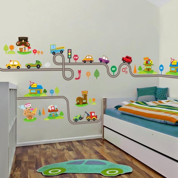 Pegatinas de pared Coches de dibujos animados Transporte Ciudad Mapa de carreteras para niños Habitación Niño Bebé Decoración Calcomanías Dormitorio Living PVC Póster