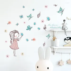 Autocollants muraux dessin animé mignon fille volant fleurs de papillon pour enfants décoration de chambre bébé décalcomanies nursey pvc bricolage