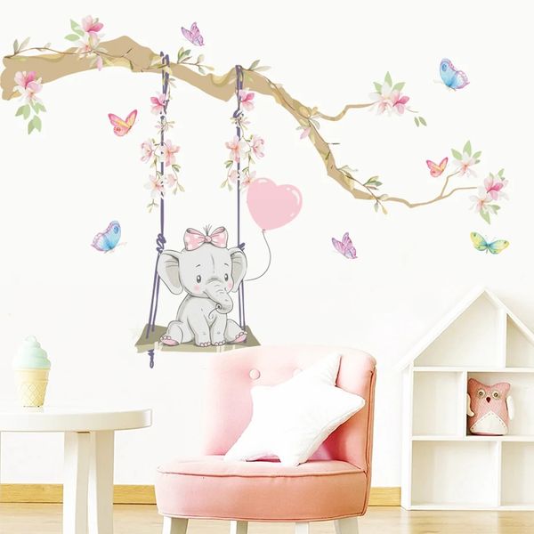 Stickers muraux Dessin animé mignon balançant éléphant papillon brancheaquarelle pépinière autocollant décalcomanies art imprimer enfants garçons chambre décor à la maison 231010