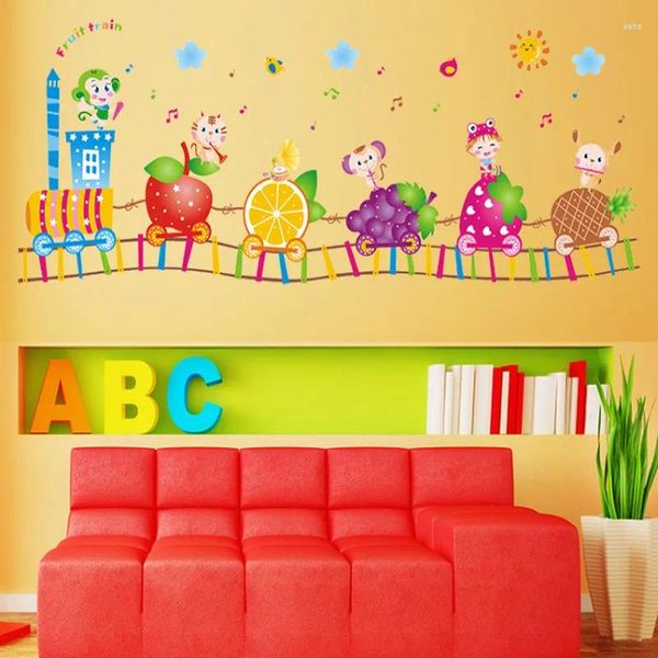 Pegatinas de pared Tren de frutas de dibujos animados para habitación de niños, dormitorio, guardería, decoración del hogar, calcomanías de murales de arte extraíbles