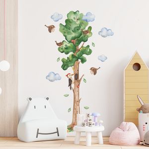 Wandstickers Cartoonhoogte Meting Fairy Tree Bird Wolk Wall Sticker Vinyl Kindergarten Aquarel Wall Decal Kinderkamer Huisdecoratie 230410