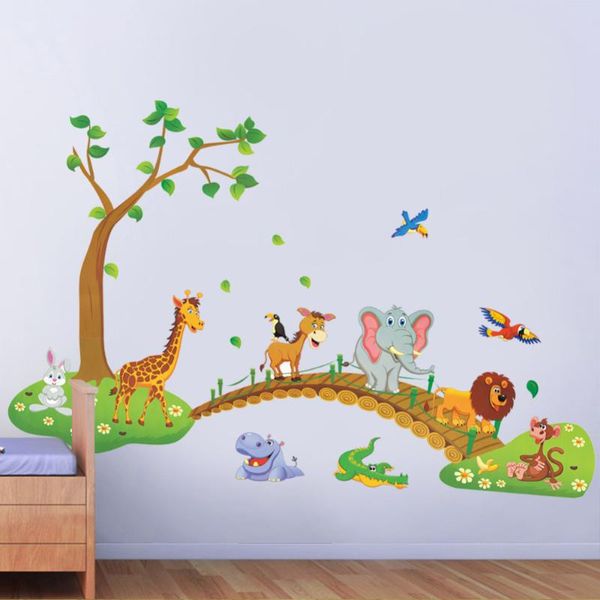 Pegatinas de pared de dibujos animados de la selva, Animal salvaje, árbol, puente, León, jirafa, elefante, pájaros, flores para niños, habitación, sala de estar, decoración del hogar