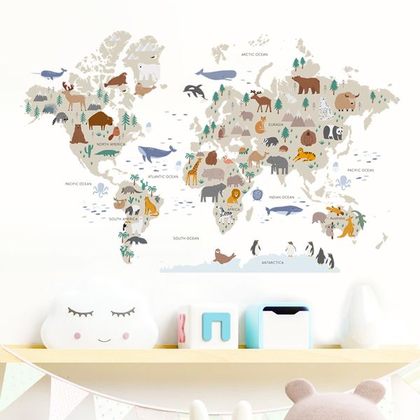 Stickers Muraux Dessin Animé Grande Carte Du Monde Animaux Faune Aquarelle Vinyle Stickers Imprimer Enfants Chambre Salle De Jeux Intérieur Décor À La Maison 230227