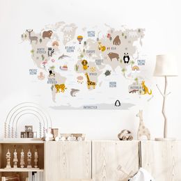 Pegatinas de pared Mapa del mundo grande de dibujos animados Pegatinas de pared Animales Fauna Acuarela Niños Vinilo Calcomanías de arte de vivero para Babys Girls Room Home Decor 230718