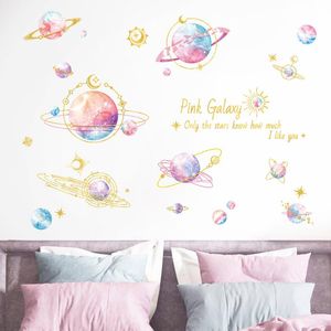 Stickers muraux dessin animé rose galaxie pour pépinière décor à la maison salons enfants chambre espace planète décalcomanies