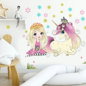 Pegatinas de pared Dibujos animados de princesa rosa, castillo, unicornio, flor, pegatina de pared, ballet, bailarina, niña, habitación infantil, decoración, póster, mural 230822