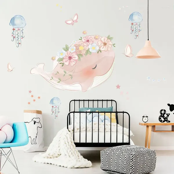 Pegatinas de pared de ballena rosa de dibujos animados para habitación de niños, decoración de dormitorio para niñas, Mural para guardería, papel tapiz para sala de estar, póster, calcomanías para el hogar