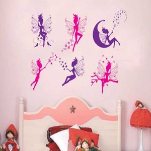 Pegatinas de pared de dibujos animados, pegatina de seis pequeñas hadas para habitación de niños y niñas, decoración del hogar, calcomanías de fondo de arte DIY, decoraciones, elfo bonito