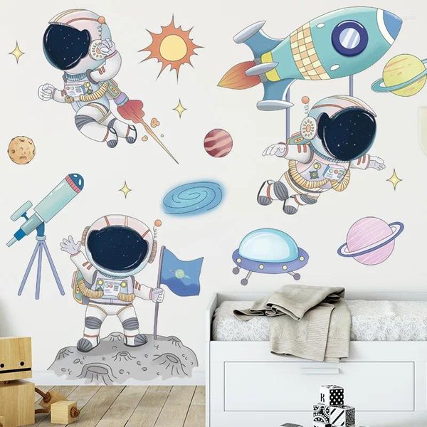 Pegatinas de pared de dibujos animados para viajes espaciales para habitaciones de niños, decoración de dormitorio de guardería, calcomanías de PVC, decoración del hogar DIY