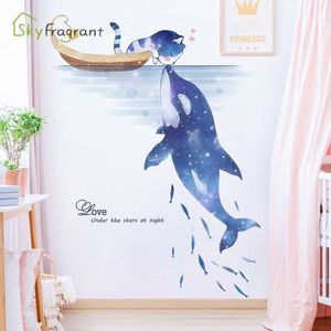 Stickers muraux Dessin animé étoile ciel dauphin chat autocollant mural chambre d'enfant chambre auto-adhésif papier fond décoration murale décoration de la maison 230331