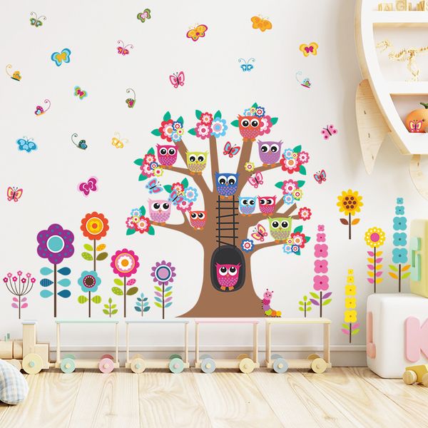 Pegatinas de pared Árbol de dibujos animados lindo búho flor mariposa calcomanía de pared calcomanía extraíble arte decorativo mural jardín de infantes dormitorio de bebé cartel mural 230410
