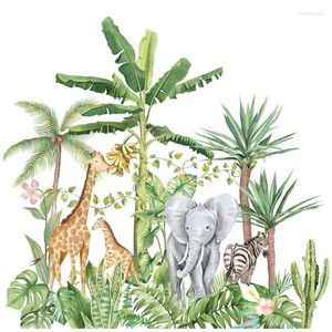 Stickers muraux dessin animé forêt tropicale tropicale animaux éléphant girafe nordique plante canapé enfants chambre fond décoration