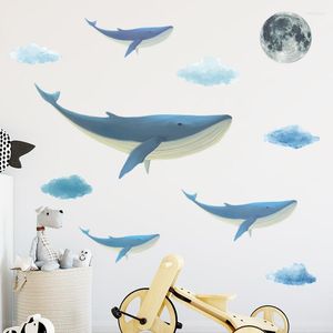 Pegatinas de pared de dibujos animados de ballena, nubes, luna para niños, decoración del hogar, calcomanía de baño, decoración para sala de estar y dormitorio, Mural