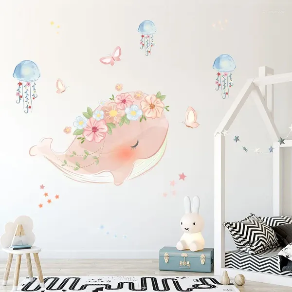 Autocollants muraux baleine de dessin animé, pour chambre d'enfants, filles, décor de chambre à coucher, Stickers muraux de vie pour pépinière, autocollants pour la maison, affiche