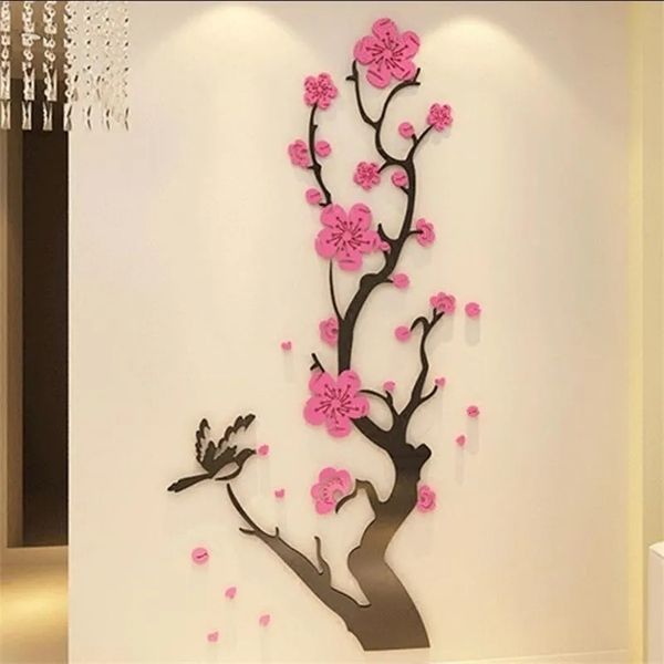 Stickers muraux Style chinois 3D papier peint fleur de prunier autocollants décoration de la maison salon salle à manger décoration murale acrylique stickers 230331