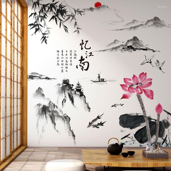 Stickers muraux Style chinois décoration chambre fond papier peint peinture chambre paysage Mural auto-adhésif