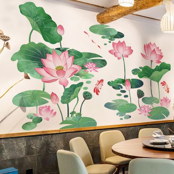 Stickers muraux Style chinois fleurs salon TV toile de fond décoration grand 3D Lotus Mural bricolage adolescent chambre décor Art
