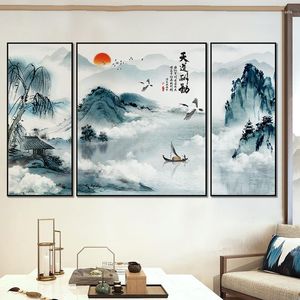 Pegatinas de pared, pintura de paisaje de estilo chino, póster artístico, impresiones, imágenes para sala de estar, decoración del hogar, Mural grande