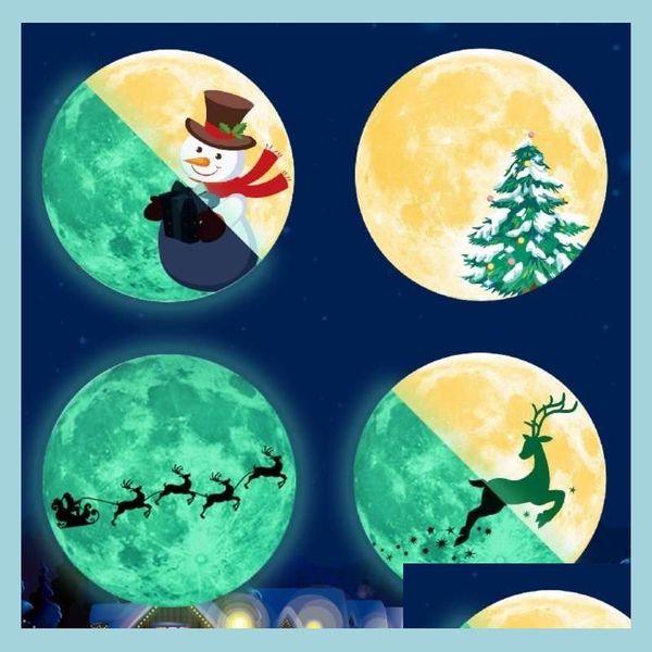 Stickers muraux Noël lune lumineuse lueur autocollant boîte de nuit autocollants fluorescents décor Xams bonhomme de neige maison mur-fenêtre décoration Dr Dhrkj